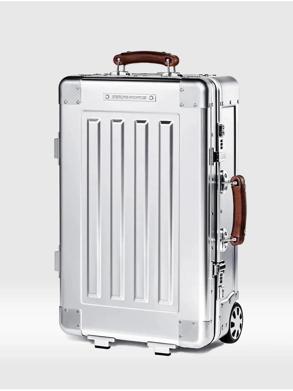 Sterling Pacific Silver Aluminum Carry-On with Brown Leather Handles